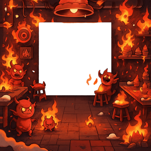 change santas to little devils and make everything chaotic and flames and snows. a whiteboard in the middle of the image as it is now