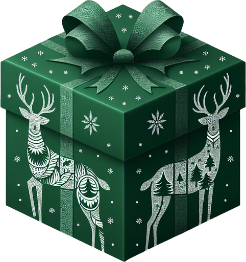 Green Christmas wrapped box with deer designed, front view.