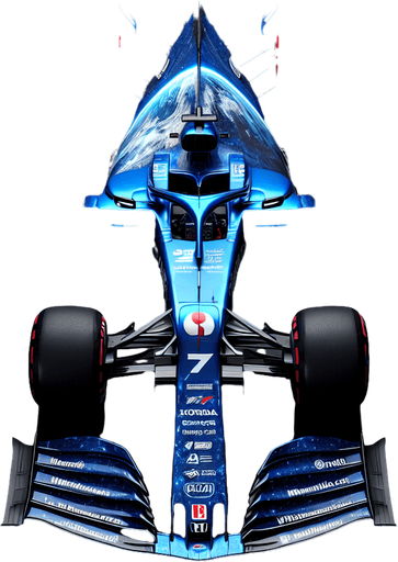 F1 race car. Glossy blue body painting and half covered with planet blue Earth. 
Blue front wing. 
myearthdream.com text on black rear wing. 7 number  on the nose of the car. Red Honda logo with White R logo on the nose of the car. Top view..
Single Game Texture. In-Game asset. 2d. Blank background. High contrast. No shadows.