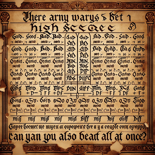 There is the text: "there are many ways zo beat a highscore, but can you also beat all in once?" On a pergament with many highscores called good, bad, max, min and diff.