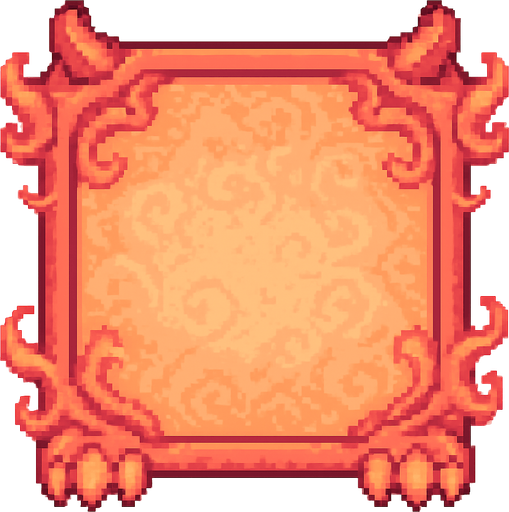 A square pixel art character selection frame inspired by a cute baby dragon. The frame includes fantasy elements like tiny dragon horns on the top corners, small claws at the bottom, and subtle flame or smoke decorations curling around the edges. The background inside the frame should have a soft and decorative texture, matching the baby dragon theme, using soft red, orange, and golden tones. The character will be placed on top of this frame later, so leave the center visually calm and not too detailed. The frame should be viewed from the front and designed for a 2D game UI..
In-Game asset.  2d.  High contrast.  No shadows. pixel art. front view. fantasy. cute. retro. pastel colors. ui element