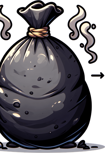cartoon garbage bag smelly.
Single Game Texture.  In-Game asset.  2d.  Blank background.  High contrast.  No shadows