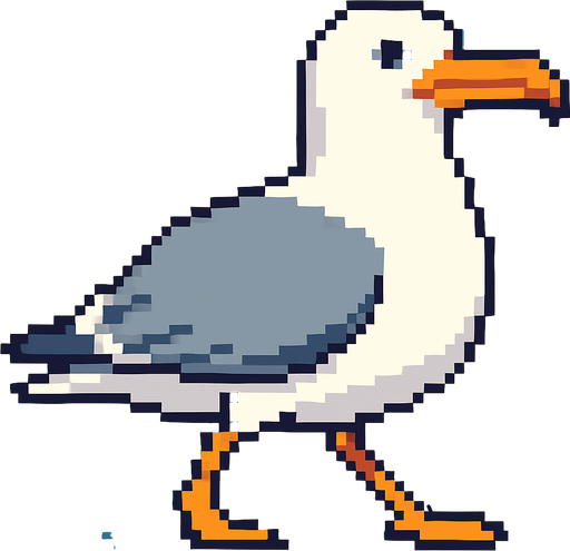 very big seagull looking to the right, pixelart, walking.
In-Game asset.  2d.  High contrast.  No shadows