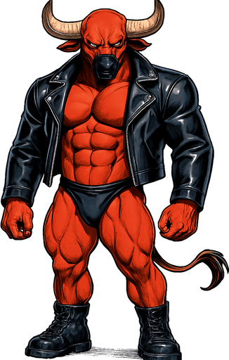 idle animation hunky Minotaur man Cyberpunk manga, minotaur monster hunk, shiny black leather biker jacket longsleeves shirtless muscles, jockstrap combat boots, Background removed, "Full-body character, entirely in frame, no cropping of face, head, or feet" "Complete character visible, from horns to hooves, fully centered in the image" "Entire character, including face and boots, fully within the frame" Character fully contained within a square frame, no edges cut off fashion model idle pose