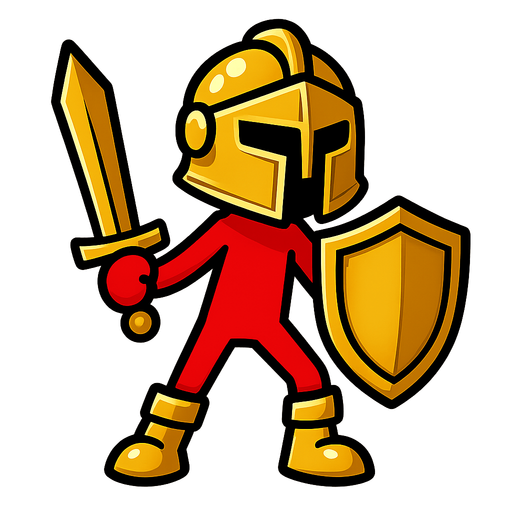 Red stickman with a golden knight helmet, gold sword and gold shield and gold boots.
In-Game asset.  2d.  High contrast.  No shadows