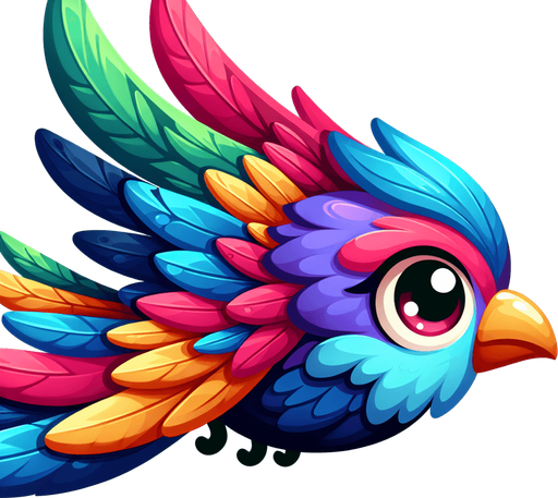 Design a cartoon-style bird flying sideways with big eyes and colorful feathers. The bird should look friendly, cute, and match a fun sky-themed game..
Single Game Texture.  In-Game asset.  2d.  Blank background.  High contrast.  No shadows