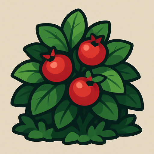 a berry bush with a phew yummy berries on it.
In-Game asset.  2d.  High contrast.  No shadows