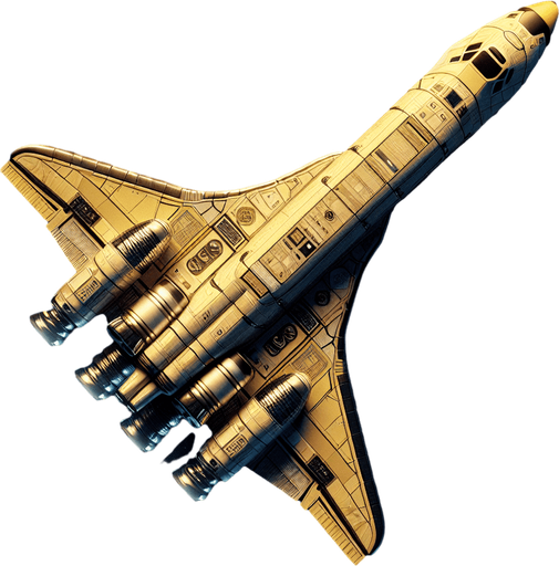 Create a highly detailed image of a space shuttle top view with no angel soaring through deep space. The shuttle should have a sleek, aerodynamic design with visible engines emitting a faint blue glow. It should feature realistic textures, metallic surfaces, and visible symbols. Make the shuttle color Yellowish. Make it straight going forward.
Single Game Texture. In-Game asset. 2d. Blank background. High contrast. No shadows.