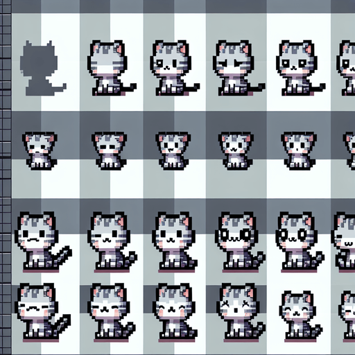 A spritesheet of a character sprite, which is a little grey and white striped cat, in various poses of sitting, looking happy, looking sad. Pixelart. The sprites should be laid out on a rectangular grid with clear space between them.Top down perspective..
Single Game Texture. In-Game asset. 2d. Blank background. High contrast. No shadows.