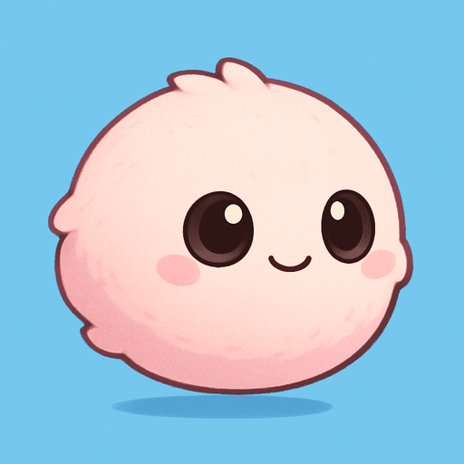 Chibi style, incredibly cute, perfectly round, puffy creature. **It has no visible legs or limbs, appearing as a soft, adorable ball with a friendly, expressive face (big, innocent eyes and a small smile).** Implied motion is a gentle bounce or glide. Predominant color: light pink with subtle fluffy texture. Minimalist, clean lines, vibrant colors. Solid light blue background. Mobile game character asset, running/gliding animation frame..
In-Game asset.  2d.  High contrast.  No shadows