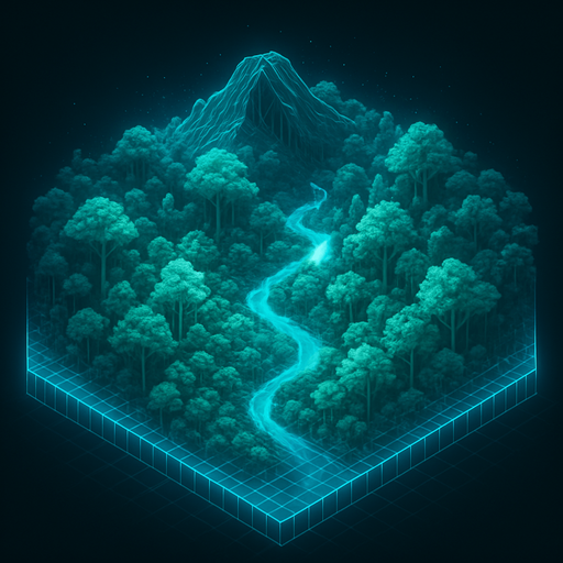 Top down isometric cyberpunk simulation hologram grid projection forest biome, wilderness dense foliage wild rainforest mountain river