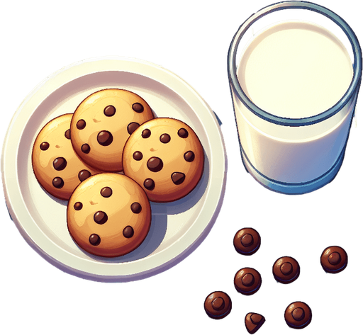 top down plate of cookies glass of milk. In-Game asset. Blank background. No shadows. Single Game Texture. In-Game asset. 2d. Blank background. High contrast. No shadows.