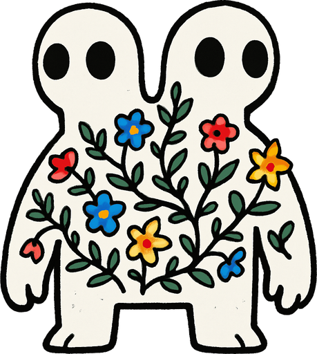 montruo blanco de ojos negros con dos cabezas con flora en el cuerpo.
In-Game asset.  2d.  High contrast.  No shadows