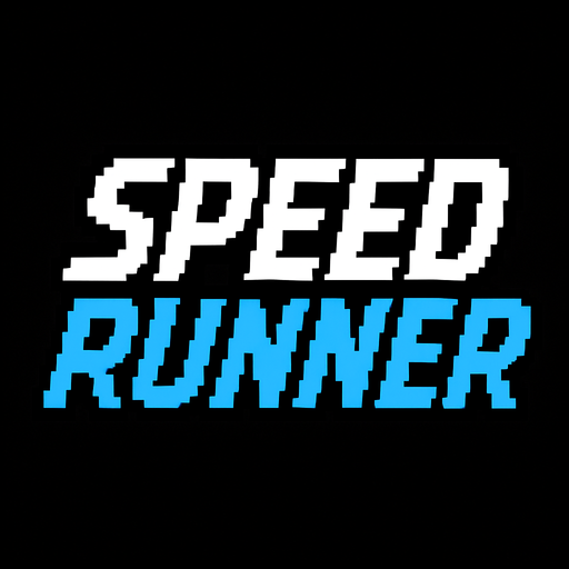 letras que dicen speed runner las letras speed tienen un color blanco con contorno negro y las letras runner un color celeste con un contorno azul todo hecho con pixeles y con una cursiva.
In-Game asset.  2d.  High contrast.  No shadows