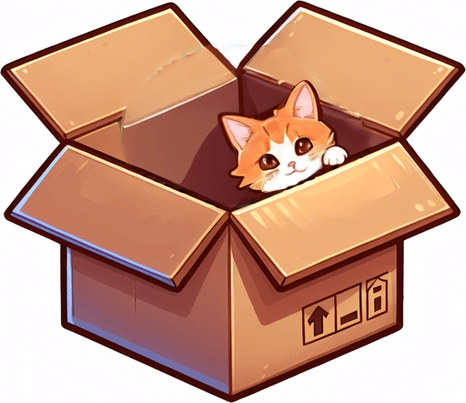 cute Chibi ginger cat look from the box into the camera. Cheeky, happy.