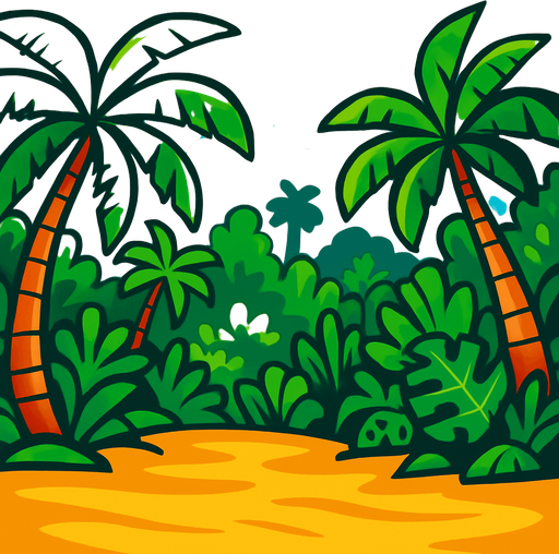 The beach of a tropical island, though the ocean is not to be seen in the background there is just a vibrant jungle.
In-Game asset.  2d.  High contrast.  No shadows