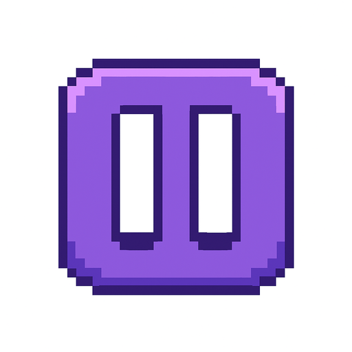 Pixel art pause button, purple color, rounded corners, 8-bit UI style, minimal design, no background, 80x80 size, suitable for mobile rhythm game interface.
In-Game asset.  2d.  High contrast.  No shadows
