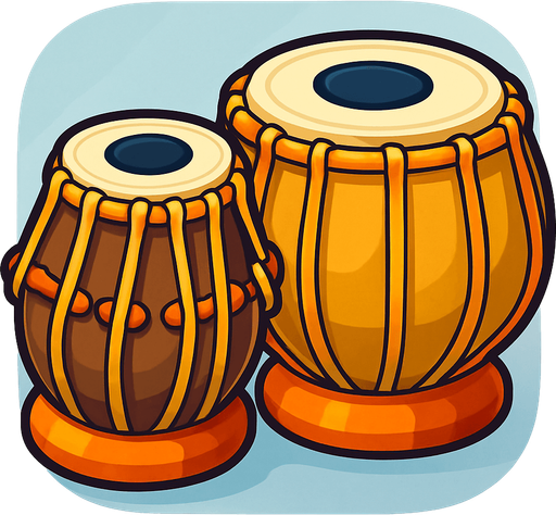 A colorful, cartoon-style illustration of a traditional Indian tabla drum set with two hand drums (bayan and dayan). Soft shadows, clean outline, slightly 3D style, transparent rounded background. Mobile game-friendly icon..
In-Game asset.  2d.  High contrast.  No shadows