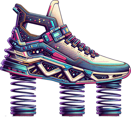 Basquettes à ressort futuriste.
vue de profile. Retro gaming style