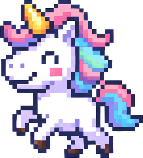 El unicornio debe ser un personaje adorable y colorido en estilo pixel art, con cuerpo erguido sobre dos patas traseras como si caminara o corriera, crin y cola multicolor en tonos pastel (rosa, celeste, violeta), cuerno dorado o brillante en la frente, y una expresión alegre o soñadora en su rostro; su cuerpo debe ser blanco o lavanda claro, con detalles simples como cascos marcados y orejitas visibles, y su animación puede incluir un suave rebote o movimiento de la crin al desplazarse; el estilo debe ser caricaturesco y alegre, con fondo transparente y un diseño encantador que encaje bien en un juego mágico, infantil o casual..
In-Game asset.  2d.  High contrast.  No shadows