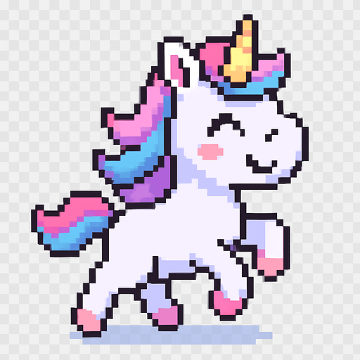 El unicornio debe ser un personaje adorable y colorido en estilo pixel art, con cuerpo erguido sobre dos patas traseras como si caminara o corriera, crin y cola multicolor en tonos pastel (rosa, celeste, violeta), cuerno dorado o brillante en la frente, y una expresión alegre o soñadora en su rostro; su cuerpo debe ser blanco o lavanda claro, con detalles simples como cascos marcados y orejitas visibles, y su animación puede incluir un suave rebote o movimiento de la crin al desplazarse; el estilo debe ser caricaturesco y alegre, con fondo transparente y un diseño encantador que encaje bien en un juego mágico, infantil o casual..
In-Game asset.  2d.  High contrast.  No shadows