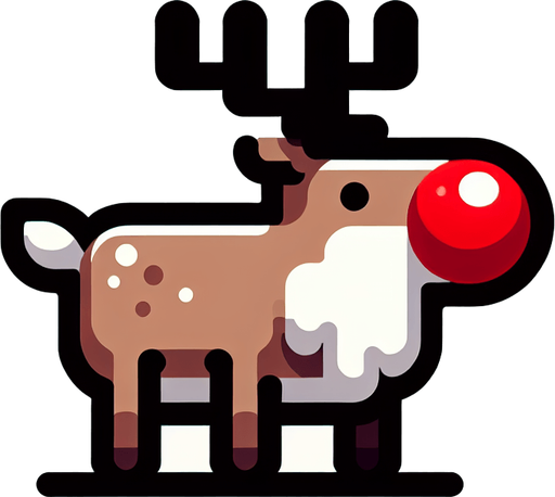 Rudolf the adult rednose Raindeer in a full side viewed position Single Game Texture. In-Game asset. 2d. Blank background. High contrast. No shadows.