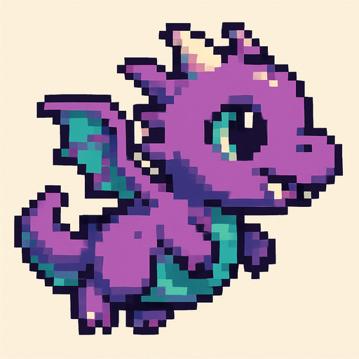 A pixel art baby dragon character designed for a 2D side-scrolling game, viewed from the side. The dragon has small wings, a chubby body, and a cute cartoonish face. It has small horns, a short tail, and colorful scales—shades of purple and teal. The dragon is in a flying pose, flapping its wings. Its eyes are big and expressive, and it has tiny fangs showing. The overall design is playful and fantasy-inspired, while still fitting a retro arcade pixel style..
In-Game asset.  2d.  High contrast.  No shadows. pixel art. side view. game character. baby dragon. cute. fantasy. retro style