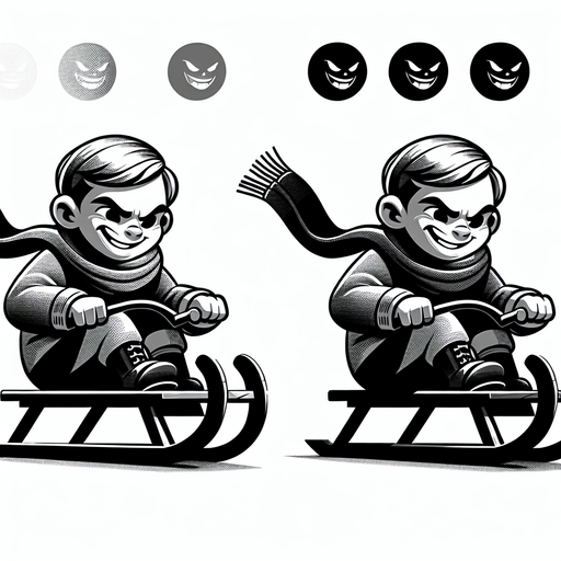 Little brat on a sledge, girl, cartoon, winter, sideview, evil Single Game Texture. In-Game asset. 2d. Blank background. High contrast. No shadows.
