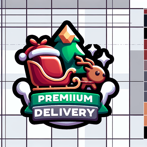 Icon for premium christmas delivery, cartoon, with the text: „Premium Delivery“ at top Single Game Texture. In-Game asset. 2d. Blank background. High contrast. No shadows.