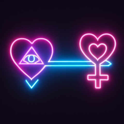 Neon cyberpunk arrow glowing hologram heart eye triangle sigil, symbol of Venus female sign with heart motif tip, magic love arrow pink cyan laser linework