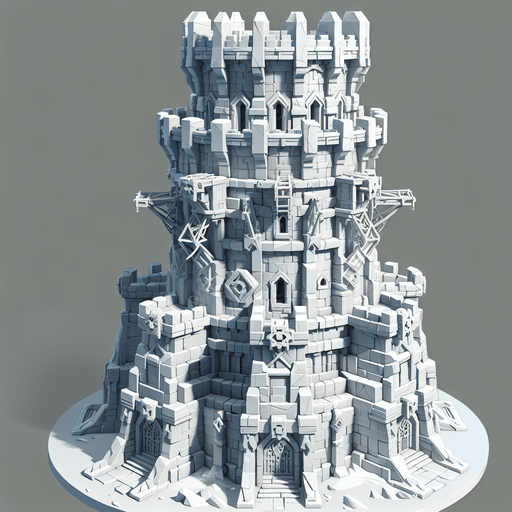 A super awesome turret tower built of ice blocks. Front view perspective. Single Game Texture. In-Game asset. 2d. Blank background. High contrast. No shadows.