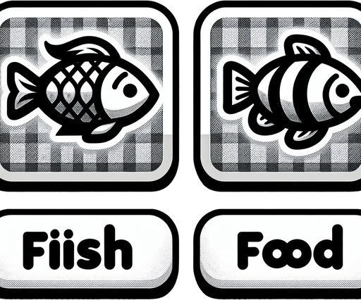 набор иконок в одном стиле. Иконка рыбы и корма для нее.
Single Game Texture.  In-Game asset.  2d.  Blank background.  High contrast