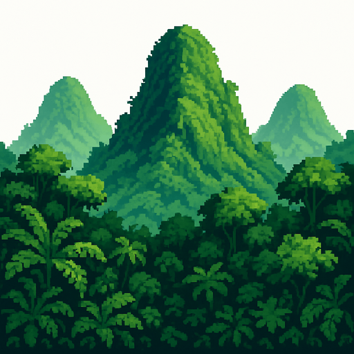 Generame una montañas de selva pixelar en fondo blanco, cercanas.
In-Game asset.  2d.  High contrast.  No shadows