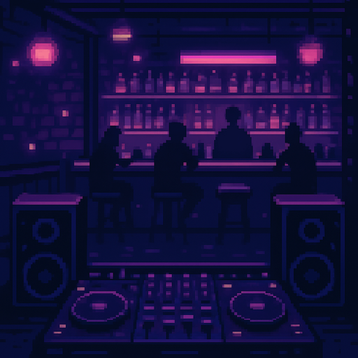 A cozy pixel art bar interior viewed from the DJ's perspective. A dimly lit, moody atmosphere with purple and deep blue neon tones. Visible DJ desk with mixer and speakers in the foreground, blurred bar counter and patrons in the background. Small glowing lights, bottles on shelves, soft lighting, and retro vibes. Resolution: 2048x2732. No characters in front, focus on ambiance and depth..
In-Game asset.  2d.  High contrast.  No shadows