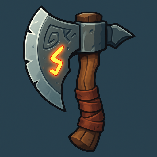 A stylized fantasy axe with a broad, curved blade and intricate engravings. The handle is wrapped in worn leather, and the metal has a slightly weathered look, giving it a battle-worn feel. The design is bold and exaggerated, suitable for an orc warrior, with a glowing rune etched into the blade. The style is high-fantasy with clean lines, vibrant highlights, and a dramatic shadow for depth. Perfect for 2D game assets or concept art..
In-Game asset.  2d.  High contrast.  No shadows