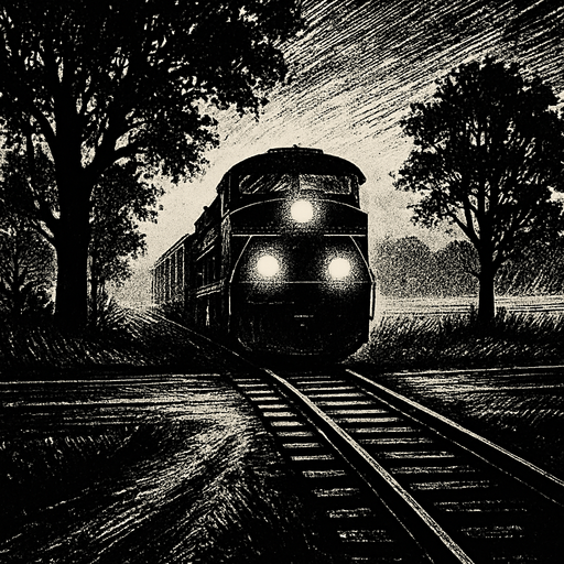 A train is coming down a narrow railway track that cuts through a rural road, surrounded by trees and open fields. It's early morning with light mist, headlights of the train glowing, and a sense of motion as the train approaches..
2d.  High contrast