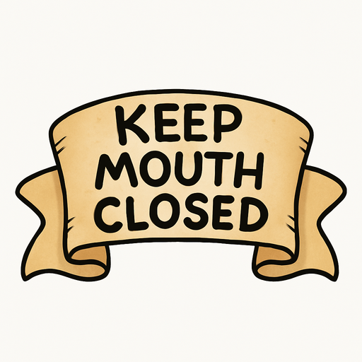 A simple wide hand-drawn symmetrical ribbon banners. The banner text reads “Keep mouth closed” in playful, cartoonish black lettering. The ribbon is warm beige parchment. Each side ends with simple curved, scroll-like ribbon.
Single Game Texture.  In-Game asset.  2d.  Blank background.  High contrast.  No shadows.