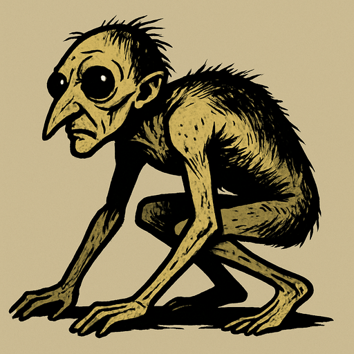The image depicts a strange, humanoid creature with an unusual and unsettling appearance. It has a small, elongated head with a pointed nose and large, dark eyes that seem to bulge slightly. The creature has sparse, dark hair on its head, which appears messy and uneven. Its body is thin and frail, covered with patchy, coarse hair across its back and sides. The creature is crouched on all fours, with long, thin arms and legs that bend awkwardly. Its skin looks pale and wrinkled, and it has a hunched posture, as if it is crawling or moving slowly..
In-Game asset.  2d.  High contrast.  No shadows