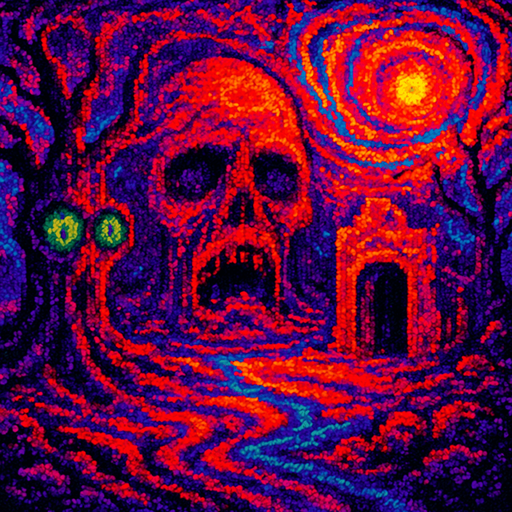 saturated themed psychedelic horror pixelated game style background scene. In-game asset. Surrealistic. dreamy.
In-Game asset