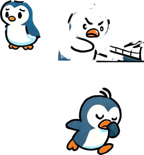 4-panel comic strip, no text, cute cartoon style, bright colors, black outlines.
Characters: Penguin Hero (small, determined) + Penguin Princess (elegant, crown) + Village Penguins
Central Theme: Music connects hearts, piano mastery wins love. Story: Hero's biggest challenge - public performance disaster

Panel 1: Hero attempts to play for Princess at village gathering
Panel 2: Makes terrible mistakes, wrong red notes everywhere, crowd looks shocked
Panel 3: Princess looks disappointed, Hero devastated and embarrassed
Panel 4: Hero runs away, hiding behind ice block, feeling defeated
In-Game asset.  2d.  High contrast.  No shadows