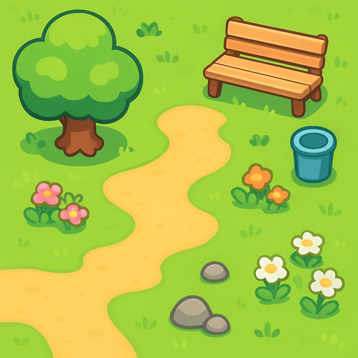 Draw a chibi-style top-down (bird's-eye view) park field. The scene should be cute and colorful, with soft, rounded shapes typical of chibi environments. Include details like small patches of flowers, tiny rocks, and gentle variations in the grass. The overall style should be whimsical and simple, with clean lines and a bright, cheerful color palette.
In-Game asset.  2d.  High contrast.  No shadows