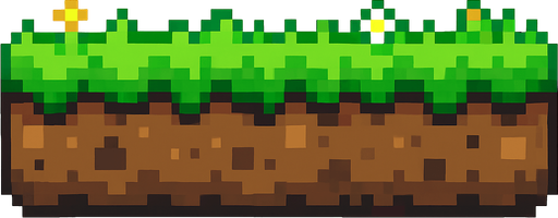 A flat, horizontal ground layer made of bright green grass on top and brown soil underneath, designed in pixel art style. The grass is slightly jagged at the top to suggest texture, and the soil has subtle pixel shading with small rocks and dirt patches. The image should be side-view and seamless, suitable for a 2D side-scrolling game like Flappy Bird, with tiny pixel flowers or varied shades of green for extra detail..
In-Game asset.  2d.  High contrast.  No shadows. pixel art. side view. seamless. ground texture. retro style