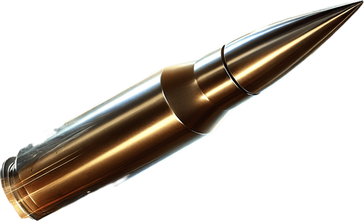 A high-speed enemy bullet in mid-flight, with a sleek, metallic surface reflecting light. The bullet is slightly blurred, showing its incredible speed and motion, cutting through the air. The background shows a dark, intense battlefield, with flashes of gunfire and smoke in the distance. The bullet leaves behind a small trail of air distortion or vapor, emphasizing its rapid movement. It has a sharp, pointed tip and appears to be shot from a modern military rifle, with its design sleek and aerodynamic..
Single Game Texture. In-Game asset. 2d. Blank background. High contrast. No shadows.