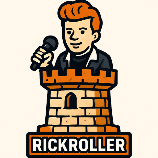 "Rickroller": A RickAstley tower holding a mic.
In-Game asset.  2d.  High contrast.  No shadows