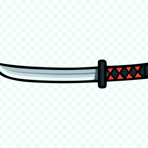 Draw a 2D side-view katana with a sleek silver blade and a black-and-red hilt, in a flat cartoon style suitable for an action game. The sword should be horizontal with a transparent background.
In-Game asset.  2d.  High contrast.  No shadows