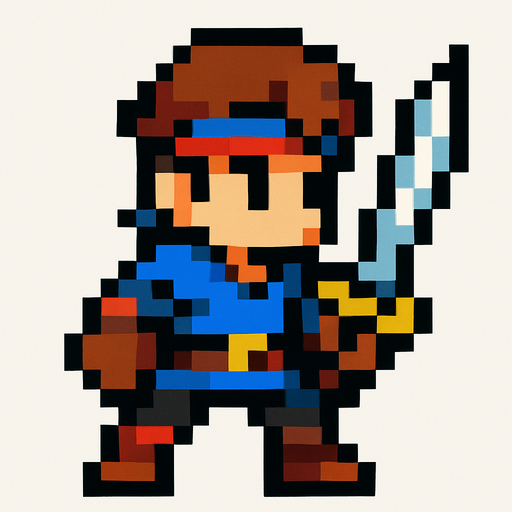 2d hero swordsman pixel sprite.
In-Game asset.  2d.  High contrast.  No shadows