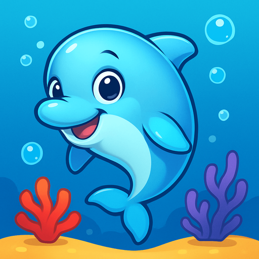 A cute cartoon-style dolphin character designed for a mobile game. Smooth, shiny skin, big round eyes full of curiosity, a friendly smile, and a playful pose as if leaping or floating in water. Light blue or aqua color with soft highlights, small flippers, and a sleek body. Joyful and approachable expression. Simple, colorful underwater background with bubbles and coral. High-quality digital illustration, perfect for a kids game..
In-Game asset.  2d.  High contrast.  No shadows. cartoon style