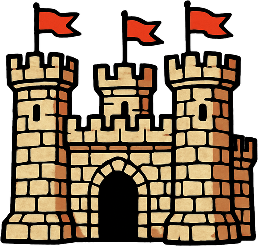 Taştan ve dört tane kulesi olan kırmızı bayraklar asılı kale.
In-Game asset.  2d.  High contrast.  No shadows