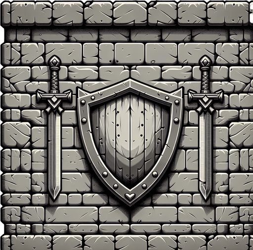 brick wall with shield and swords hanging in the middle of it..
Single Game Texture.  In-Game asset.  2d.  Blank background.  High contrast.  No shadows