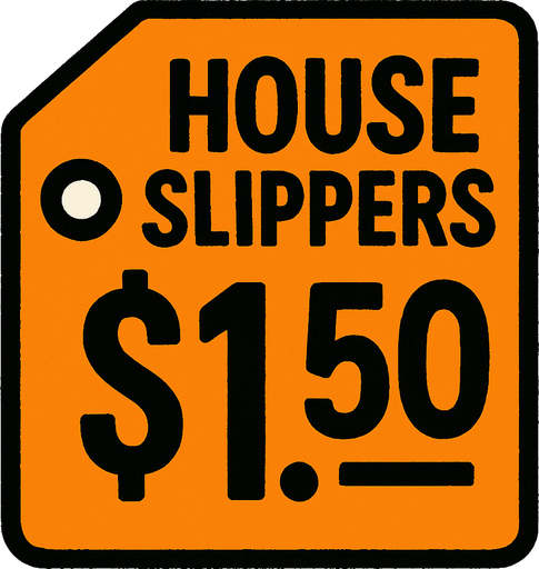price tag that says house slippers $1.50.
In-Game asset.  2d.  High contrast.  No shadows